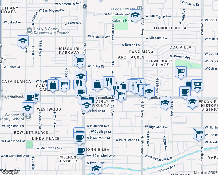 map of restaurants, bars, coffee shops, grocery stores, and more near 1710 West Camelback Road in Phoenix