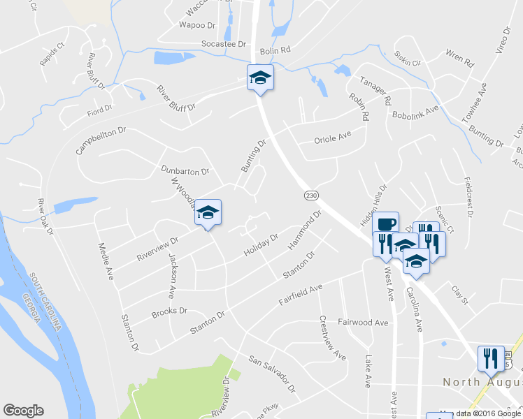 map of restaurants, bars, coffee shops, grocery stores, and more near 5 Mockingbird Lane in North Augusta