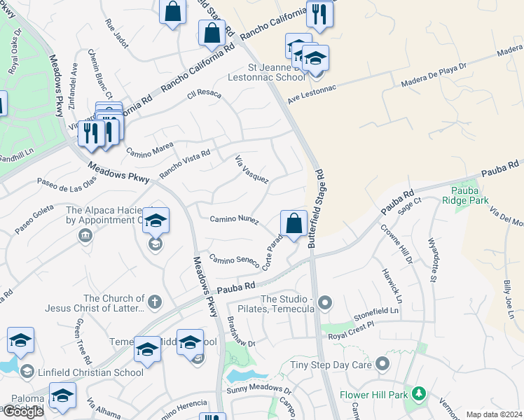 map of restaurants, bars, coffee shops, grocery stores, and more near 42022 Camino Casana in Temecula