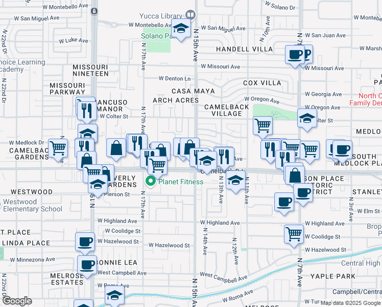 map of restaurants, bars, coffee shops, grocery stores, and more near 1516 West Camelback Road in Phoenix