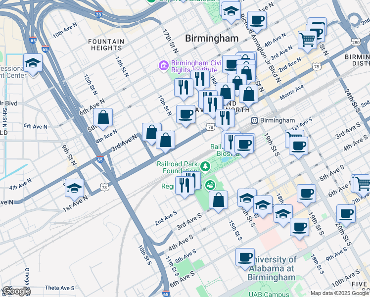 map of restaurants, bars, coffee shops, grocery stores, and more near 1501 1st Avenue North in Birmingham