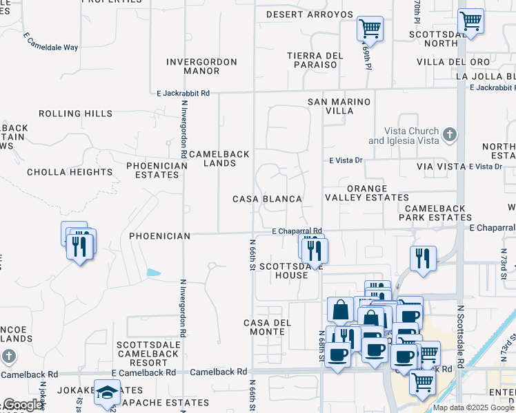 map of restaurants, bars, coffee shops, grocery stores, and more near 5105 North 66th Street in Paradise Valley