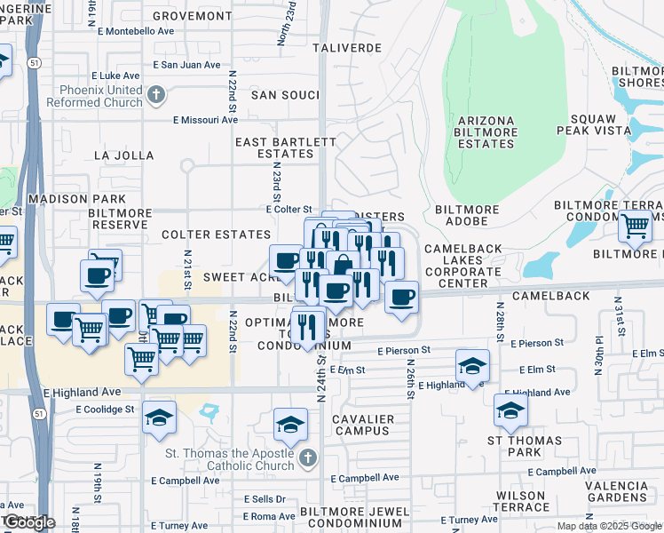 map of restaurants, bars, coffee shops, grocery stores, and more near in Phoenix
