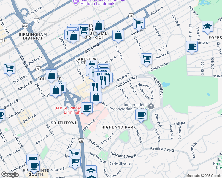map of restaurants, bars, coffee shops, grocery stores, and more near 2930 Clairmont Avenue South in Birmingham