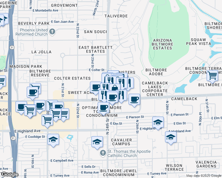 map of restaurants, bars, coffee shops, grocery stores, and more near in Phoenix