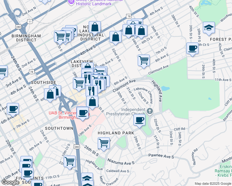 map of restaurants, bars, coffee shops, grocery stores, and more near 822 30th Street South in Birmingham