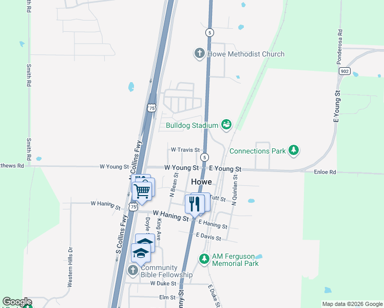 map of restaurants, bars, coffee shops, grocery stores, and more near 207 West Young Street in Howe