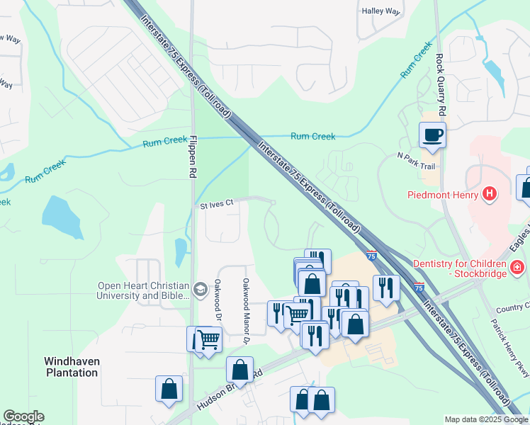 map of restaurants, bars, coffee shops, grocery stores, and more near 331 Saint Ives Crossing in Stockbridge