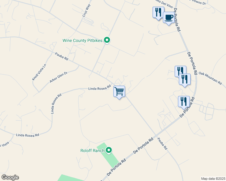 map of restaurants, bars, coffee shops, grocery stores, and more near 36499 Linda Rosea Road in Temecula