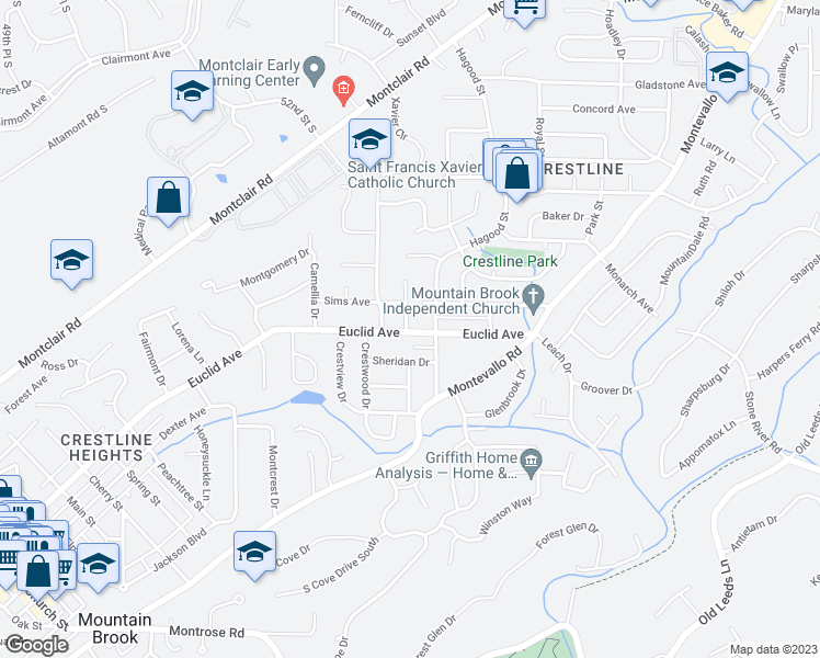 map of restaurants, bars, coffee shops, grocery stores, and more near 107 Fox Hall Road in Mountain Brook