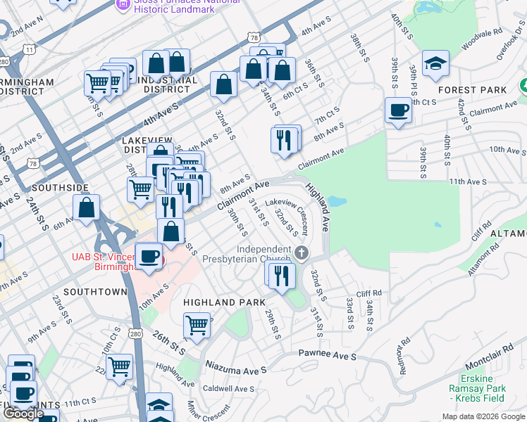 map of restaurants, bars, coffee shops, grocery stores, and more near 928 30th Alley in Birmingham