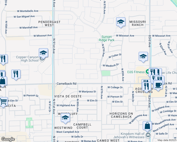 map of restaurants, bars, coffee shops, grocery stores, and more near 8802 West Camelback Road in Glendale