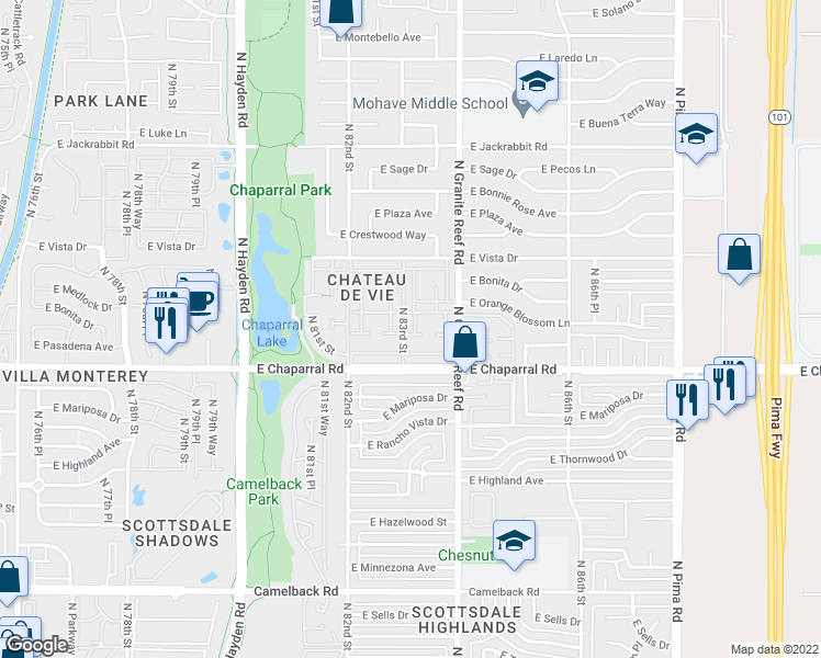 map of restaurants, bars, coffee shops, grocery stores, and more near 5019 North 83rd Street in Scottsdale