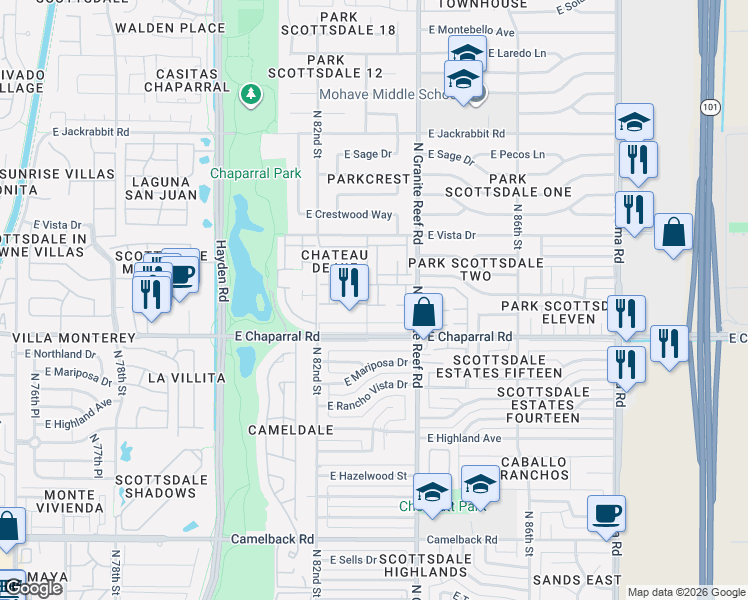 map of restaurants, bars, coffee shops, grocery stores, and more near 5019 North 83rd Street in Scottsdale