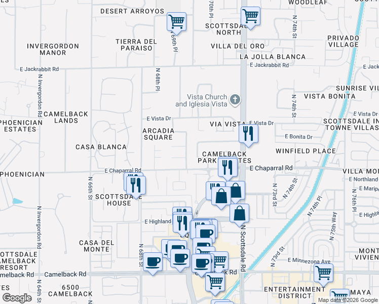 map of restaurants, bars, coffee shops, grocery stores, and more near 7009 East Pasadena Avenue in Paradise Valley
