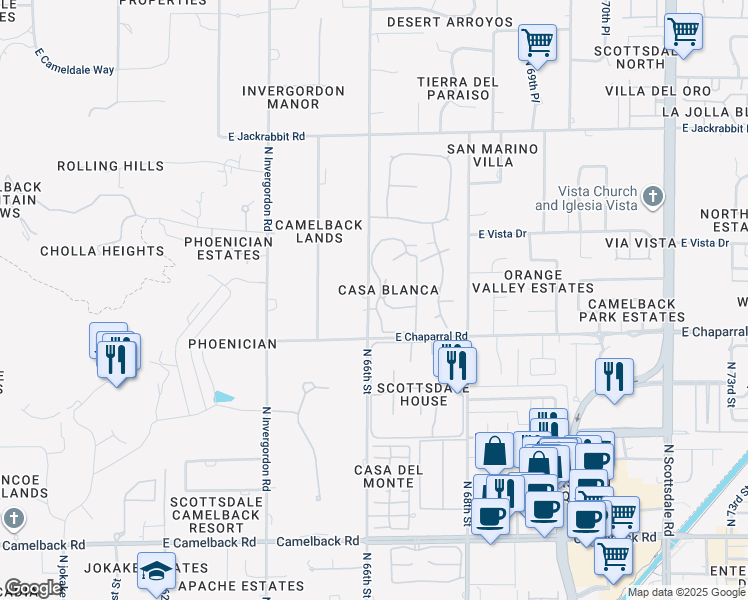 map of restaurants, bars, coffee shops, grocery stores, and more near 5105 North 66th Street in Paradise Valley
