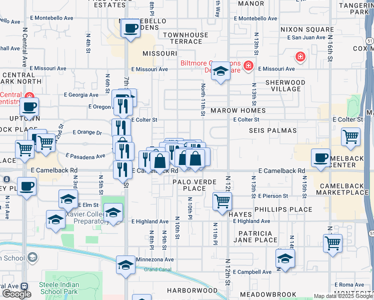 map of restaurants, bars, coffee shops, grocery stores, and more near 1001 East Pasadena Avenue in Phoenix