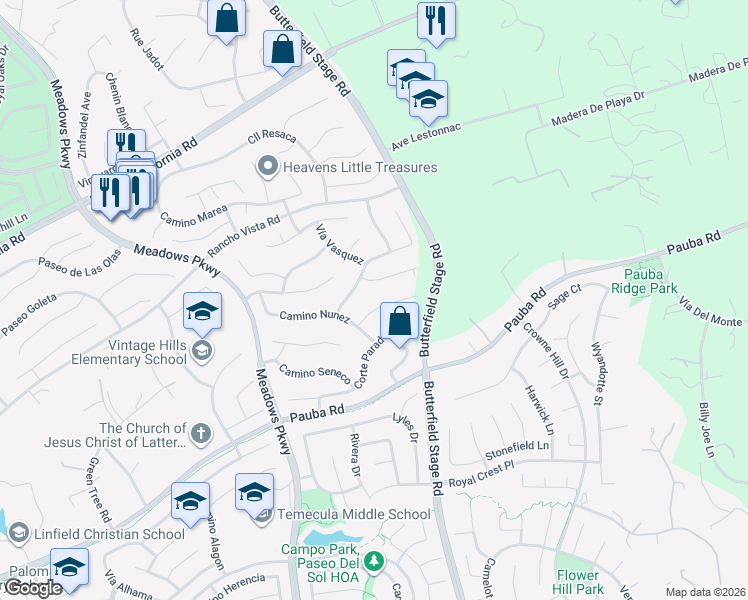 map of restaurants, bars, coffee shops, grocery stores, and more near 32346 Corte Parado in Temecula