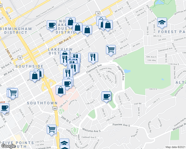 map of restaurants, bars, coffee shops, grocery stores, and more near 822 30th Street South in Birmingham