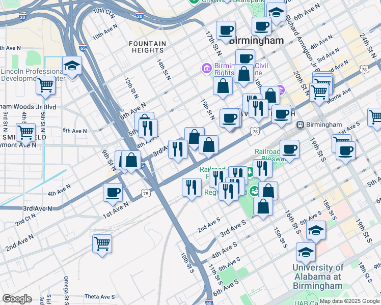 map of restaurants, bars, coffee shops, grocery stores, and more near 1230 13th Street North in Birmingham