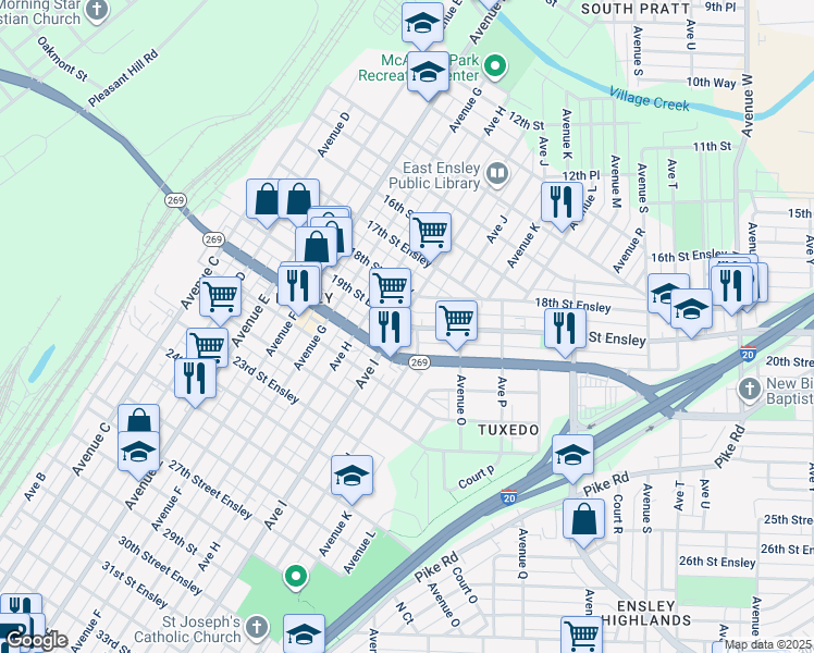 map of restaurants, bars, coffee shops, grocery stores, and more near 1915 Avenue J in Birmingham