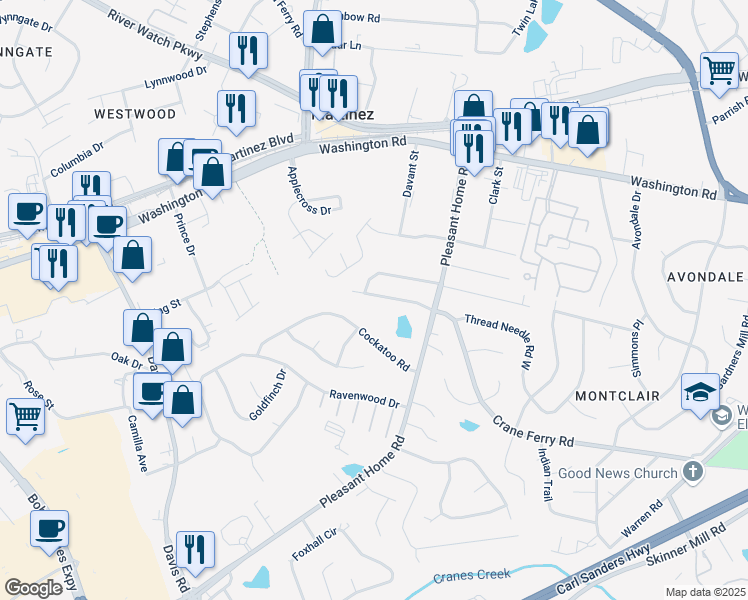 map of restaurants, bars, coffee shops, grocery stores, and more near 3418 Crane Ferry Road in Augusta