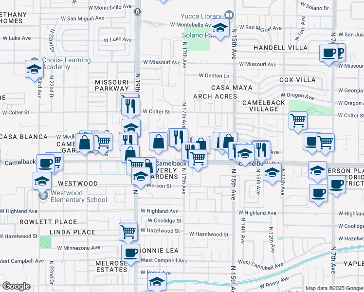 map of restaurants, bars, coffee shops, grocery stores, and more near 5022 North 17th Avenue in Phoenix