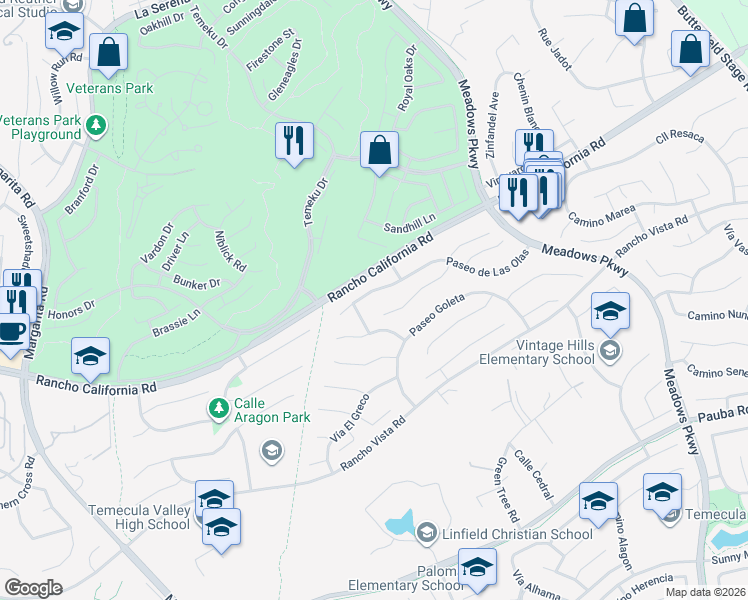 map of restaurants, bars, coffee shops, grocery stores, and more near 31446 Corte Sonora in Temecula