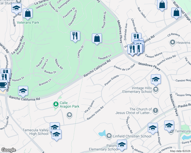 map of restaurants, bars, coffee shops, grocery stores, and more near 31446 Corte Sonora in Temecula