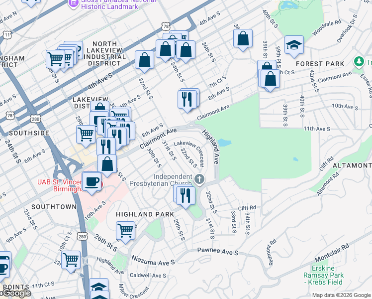 map of restaurants, bars, coffee shops, grocery stores, and more near 1026 32nd Street South in Birmingham