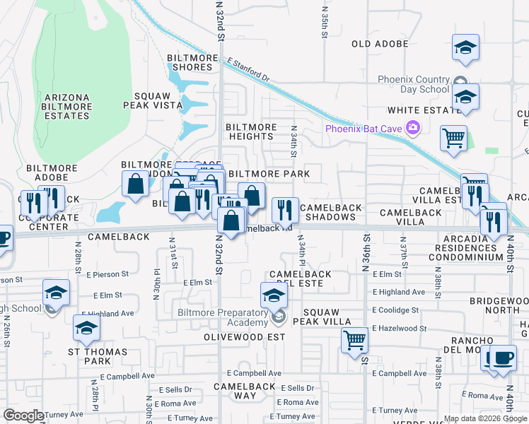 map of restaurants, bars, coffee shops, grocery stores, and more near 3234 East Camelback Road in Phoenix