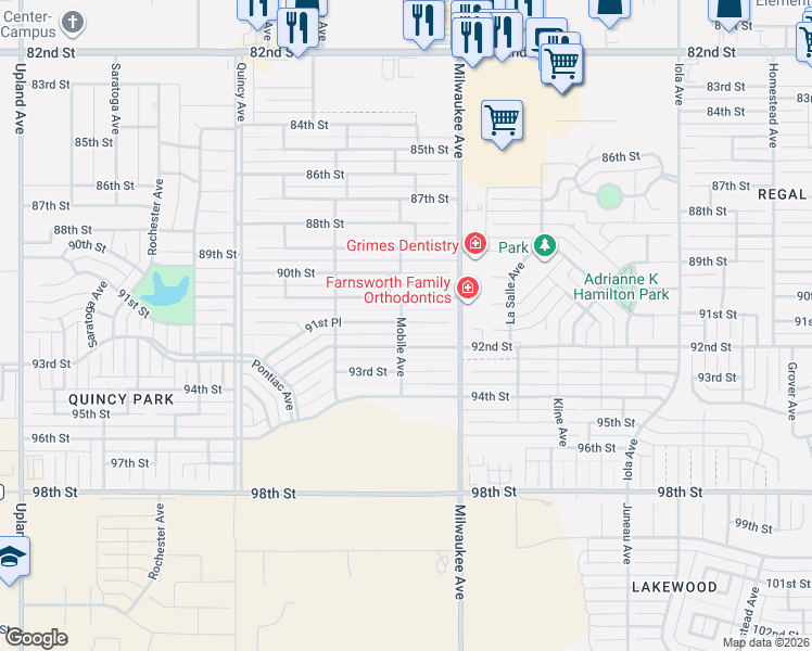 map of restaurants, bars, coffee shops, grocery stores, and more near 6527 92nd Street in Lubbock