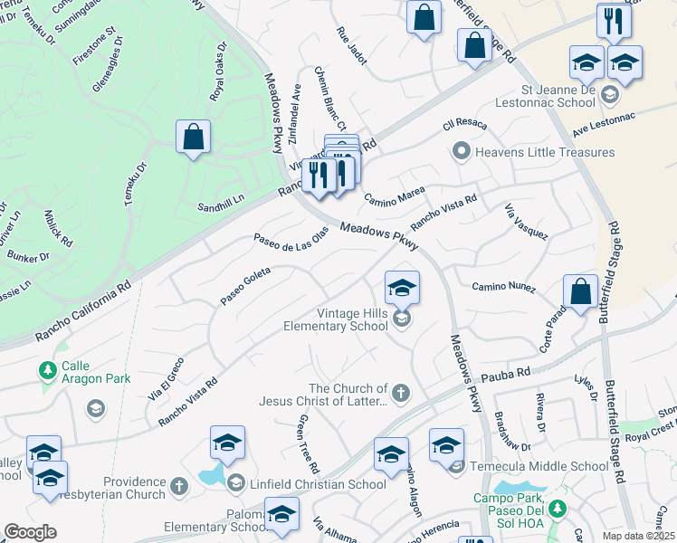 map of restaurants, bars, coffee shops, grocery stores, and more near 31864 Corte Montecito in Temecula