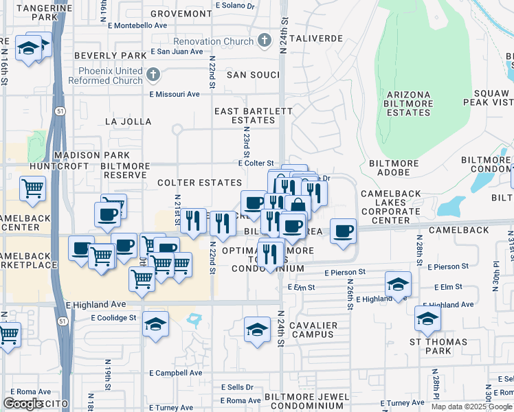 map of restaurants, bars, coffee shops, grocery stores, and more near 2394 East Camelback Road in Phoenix