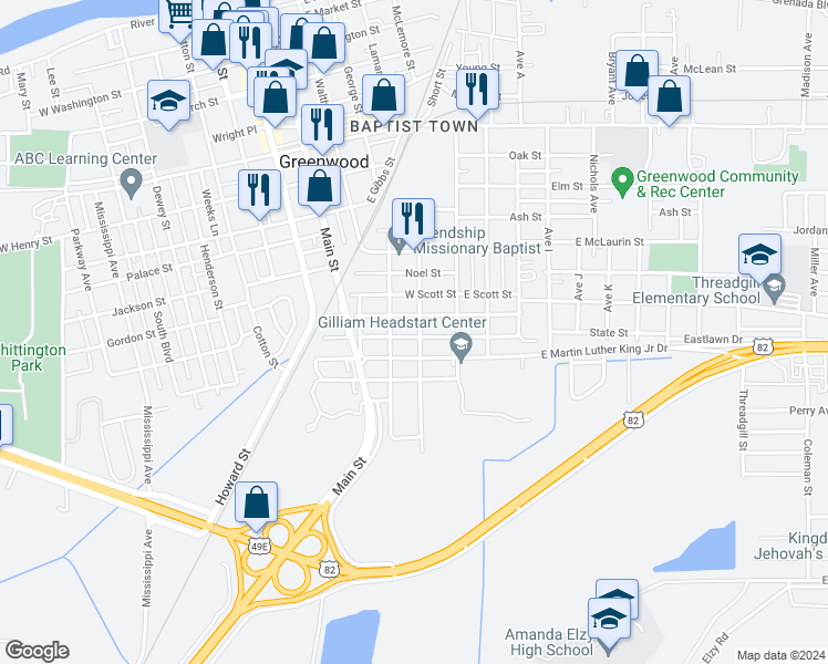 map of restaurants, bars, coffee shops, grocery stores, and more near 200 West Percy Street in Greenwood