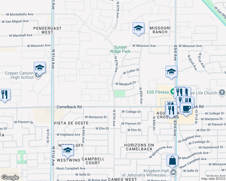 map of restaurants, bars, coffee shops, grocery stores, and more near 5076 North 87th Avenue in Glendale
