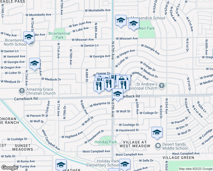 map of restaurants, bars, coffee shops, grocery stores, and more near 6731 West Medlock Drive in Glendale