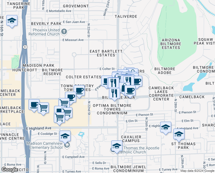 map of restaurants, bars, coffee shops, grocery stores, and more near 2394 East Camelback Road in Phoenix