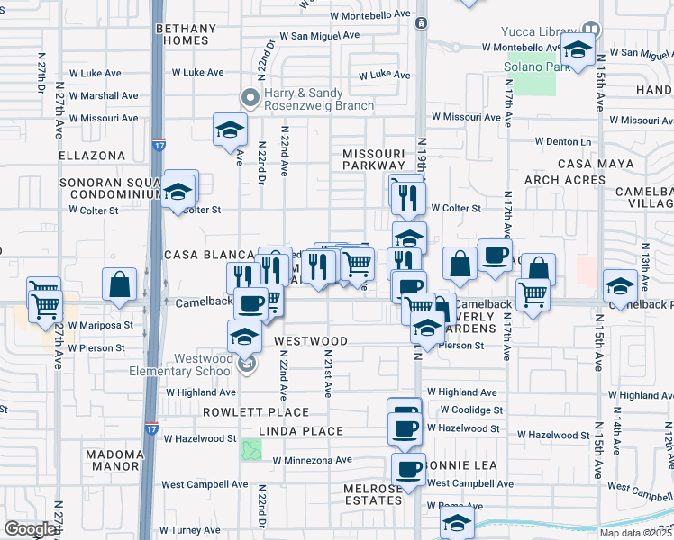 map of restaurants, bars, coffee shops, grocery stores, and more near 2046 West Medlock Drive in Phoenix