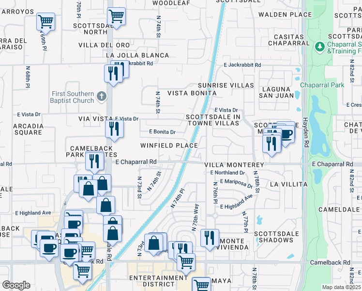 map of restaurants, bars, coffee shops, grocery stores, and more near 7443 East Bonita Drive in Scottsdale