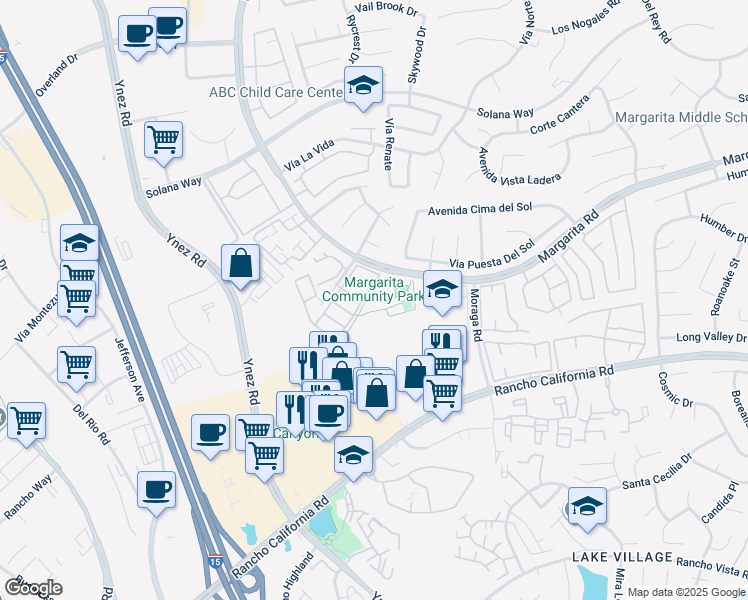 map of restaurants, bars, coffee shops, grocery stores, and more near 29119 Margarita Road in Temecula