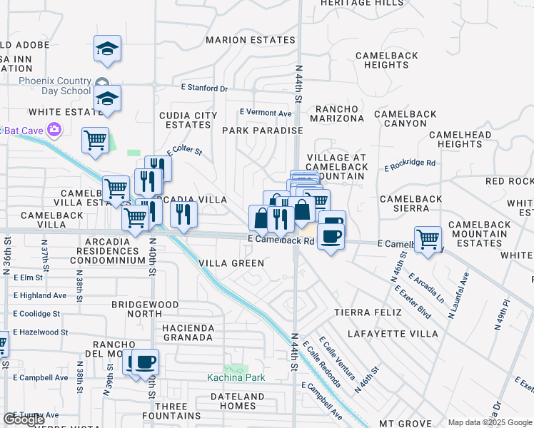 map of restaurants, bars, coffee shops, grocery stores, and more near Unnamed Road in Phoenix