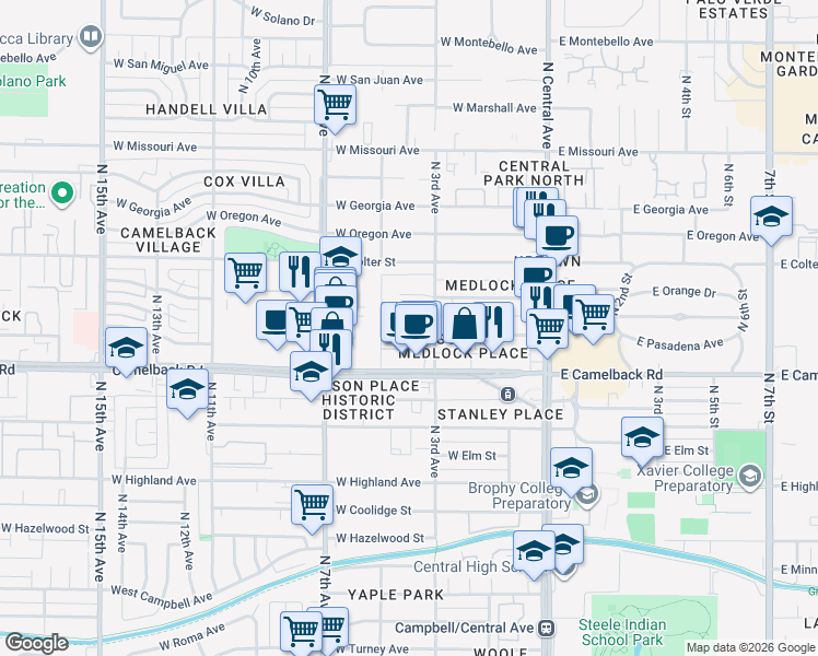 map of restaurants, bars, coffee shops, grocery stores, and more near 301 West Medlock Drive in Phoenix