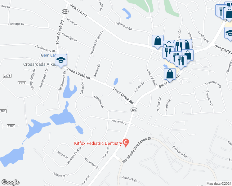 map of restaurants, bars, coffee shops, grocery stores, and more near 245 Town Creek Road in Aiken