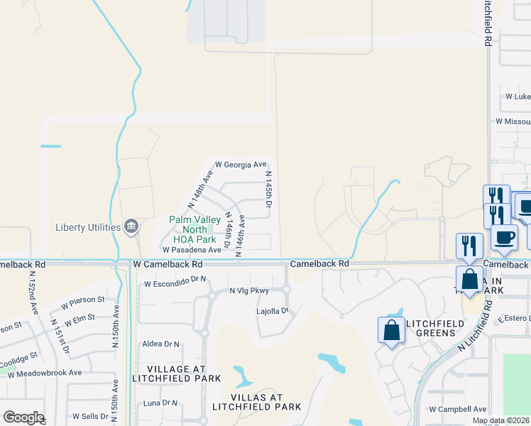 map of restaurants, bars, coffee shops, grocery stores, and more near 14560 West Medlock Drive in Litchfield Park