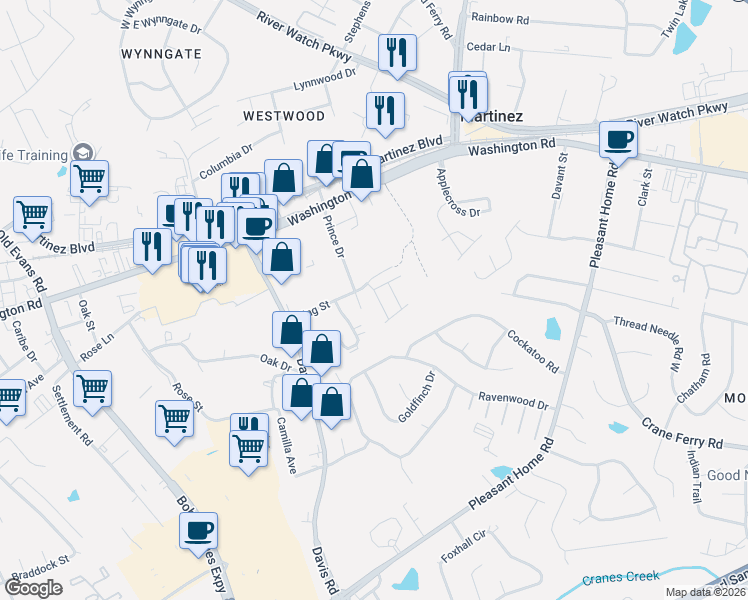 map of restaurants, bars, coffee shops, grocery stores, and more near 615 Belle Court in Martinez