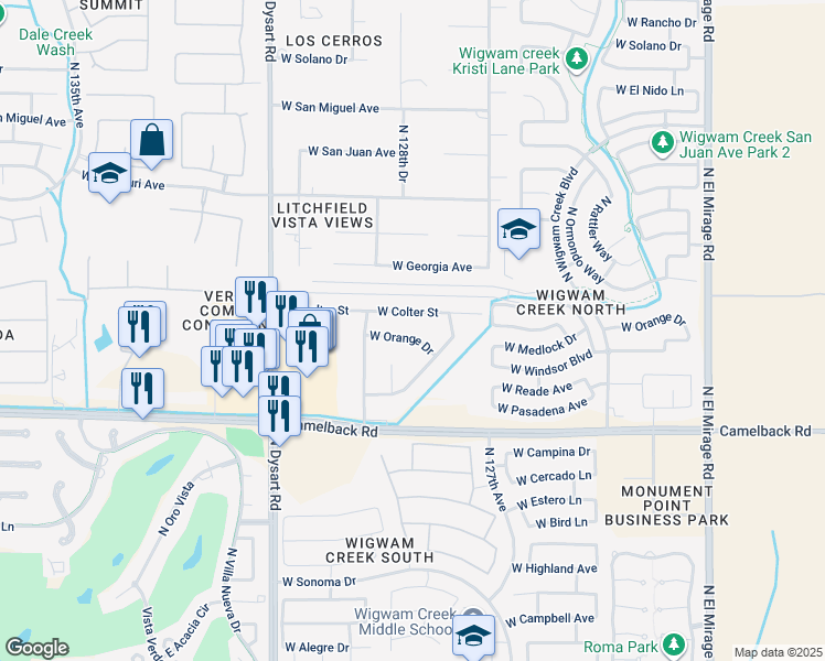 map of restaurants, bars, coffee shops, grocery stores, and more near 12830 West Orange Drive in Litchfield Park