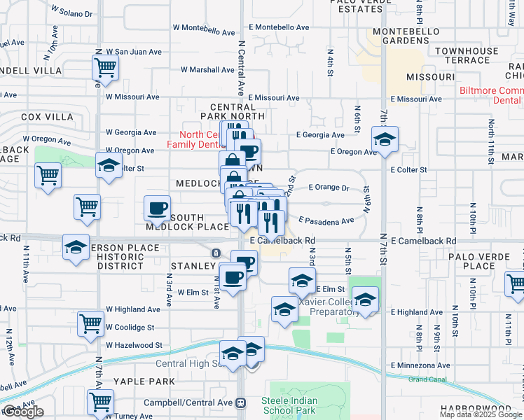 map of restaurants, bars, coffee shops, grocery stores, and more near 28 East Medlock Drive in Phoenix