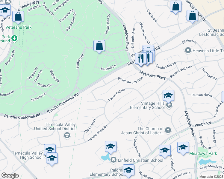 map of restaurants, bars, coffee shops, grocery stores, and more near 31533 Corte Salinas in Temecula