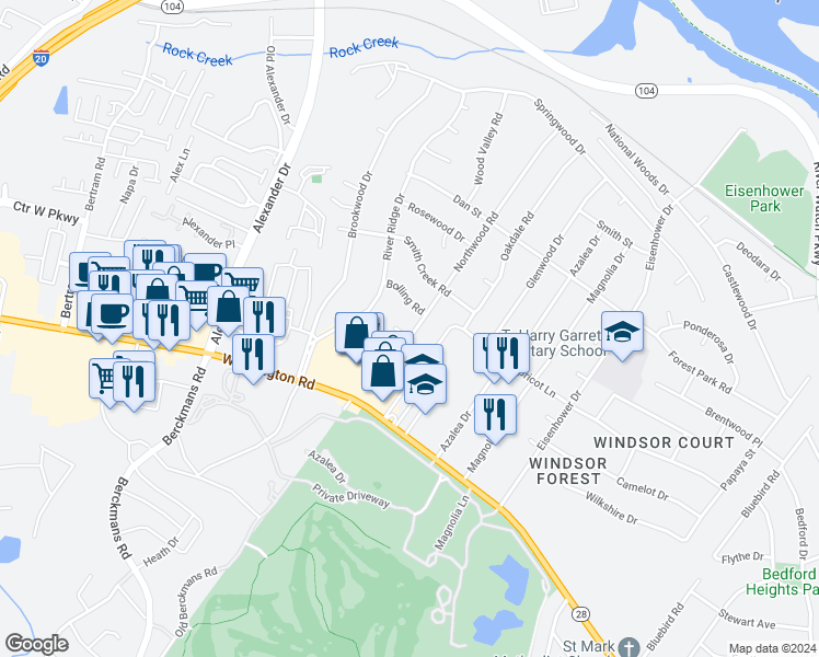 map of restaurants, bars, coffee shops, grocery stores, and more near 1025 Northwood Road in Augusta